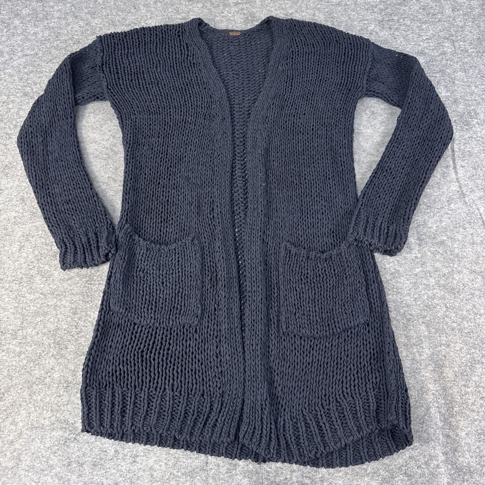 Free People Sweater Womens Medium Blue Long Chunky Knit Open Cardigan Pockets